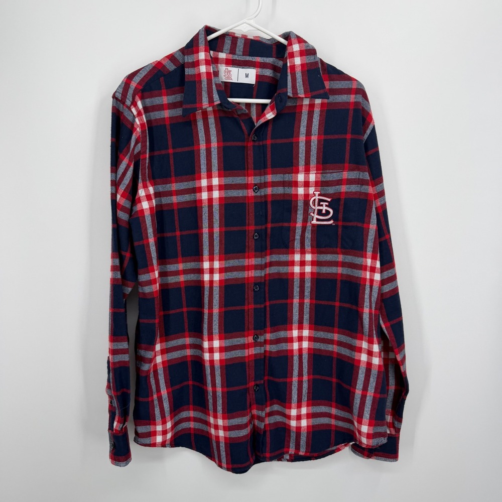 MLB St. Louis Cardinals Flannel Shirt Mens Size M Blue Red Plaid Button Down